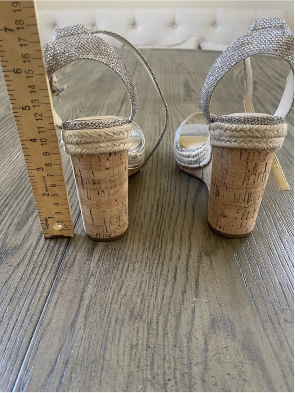 Jessica Simpson Women’s Beige Glitter Wedge Sandals Ankle Strap Buckle 7.5